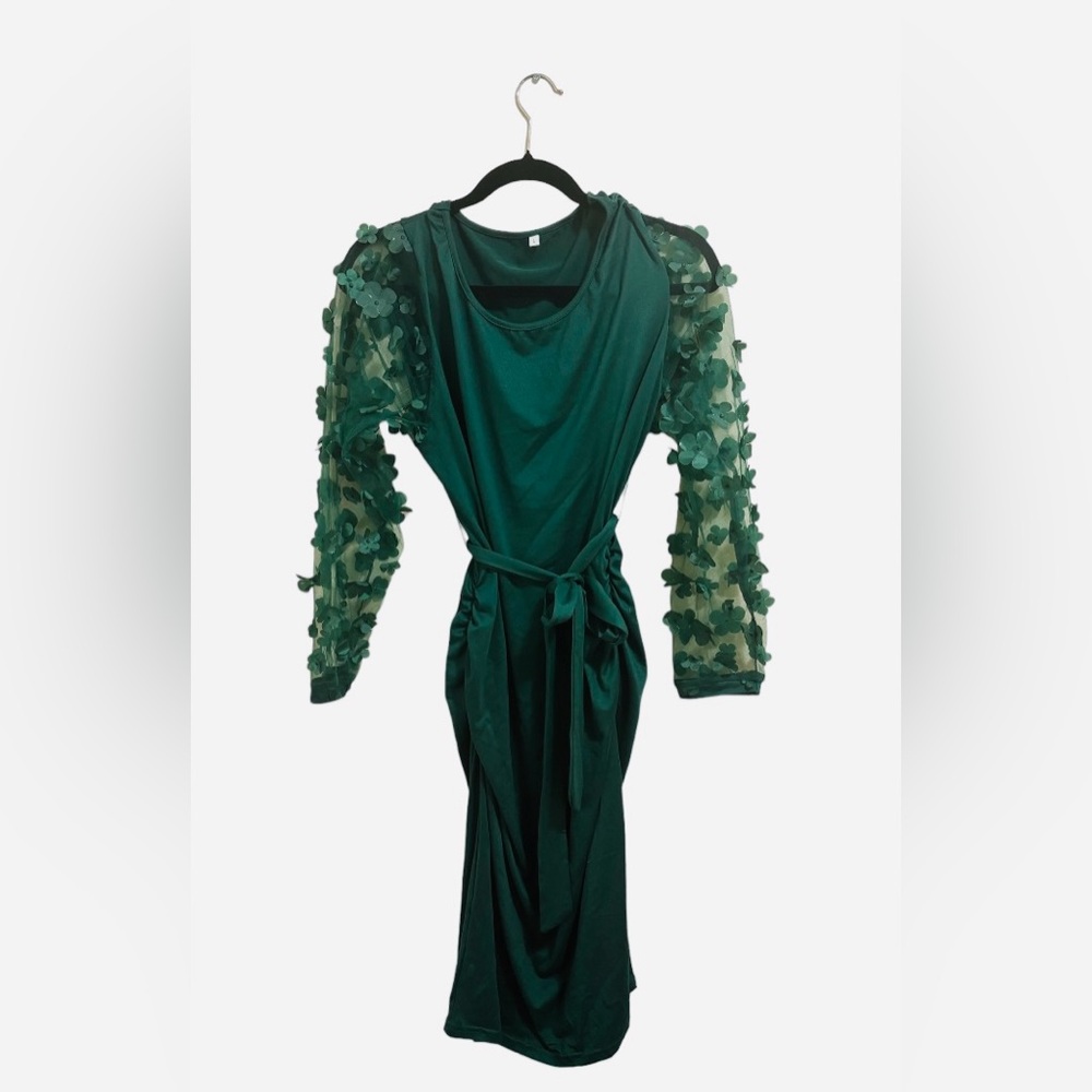 Emerald Green Long Maternity Dress with Sheer Sleeves & Flower Appliqués, Size L